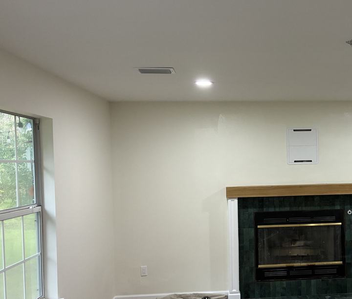 Living room paint and plank floor, green tile fireplace surround (in progress)